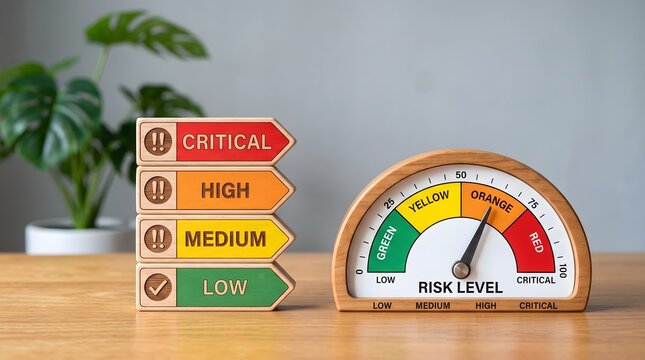 A risk level gauge points to the red Critical zone alongside stacked wooden blocks showing Low to Critical levels. Represents crisis management and assessment.