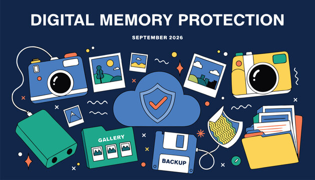 Digital memory protection concept featuring colorful cameras and cloud storage icons