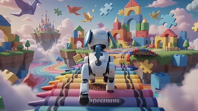 Cute robotic dog walking on a rainbow path in a whimsical, childlike fantasy world with origami birds flying