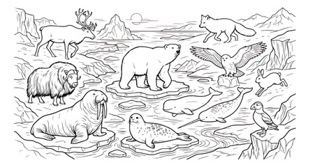 Premium monochrome line art megaset, dolphin family and ocean elements vector, intricate underwater sea life coloring page with coral reef © Ali