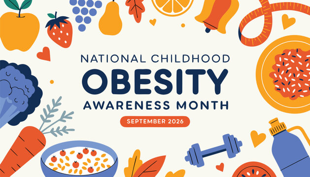 Colorful childhood obesity awareness month banner featuring healthy food and exercise