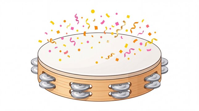 Wooden tambourine instrument with colorful confetti falling down during a festive music celebration on white background