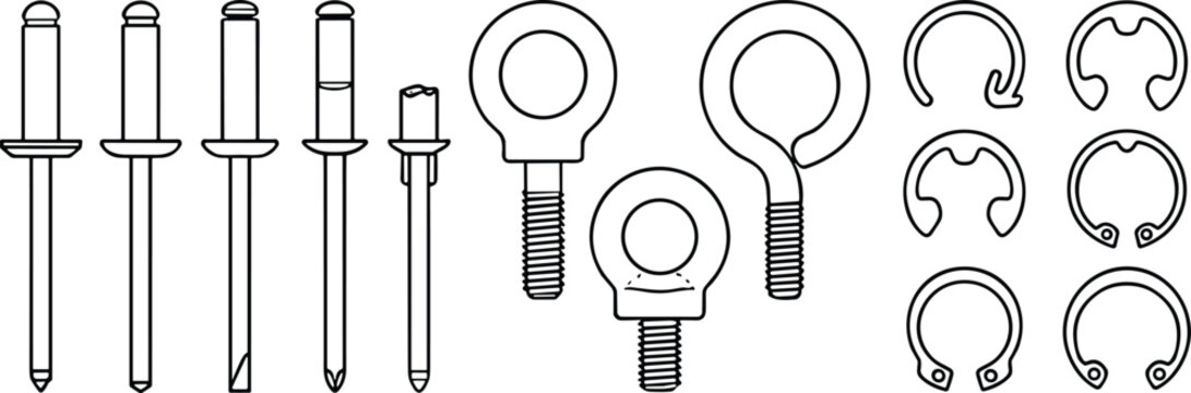 Black and White Rivets Eye Bolts Retaining Rings and Fastener Hardware Vector Icon Set