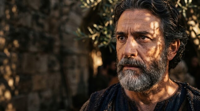 Portrait of man portraying a biblical character with a beard and intense expression. Cinematic representation of a follower of Jesus Christ. Concept of faith, devotion and religious history.