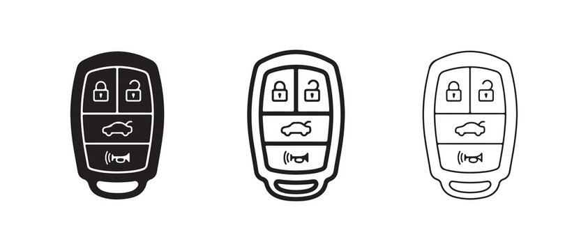  car key fob icons with lock and vehicle symbols illustrated in simple line art style