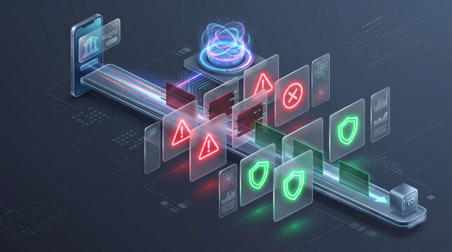 Isometric 3D concept of AI fraud detection system filtering mobile banking transactions with red alert warnings and green approved shield icons into secure vault.