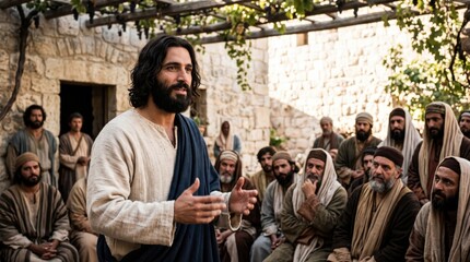 Obraz premium Jesus teaching a crowd of disciples in a stone courtyard. Man standing and preaching to men sitting around him. Biblical scene inspired by the gospel of Luke and ancient life.