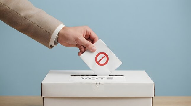 Hand placing a ballot paper marked with a red prohibition symbol into a white voting box