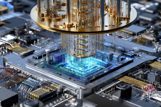 Quantum computer technology displayed with intricate circuits and components in close-up view