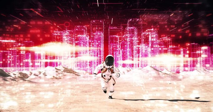 Astronaut running on glowing alien planet surface with red holographic city skyline. Abstract Digital Space City Concept.