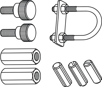 Industrial Fastener Hardware Set Vector Illustration with U Bolt Knurled Thumb Screws and Coupling Nuts