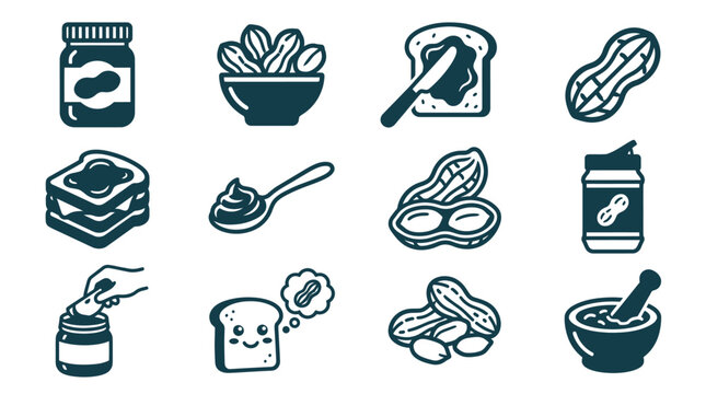 Vector icon set of peanut butter products including jars, peanuts in shells, spread on bread slices, a spreading knife, spoon with butter, mortar and pestle, and a cute bread character.