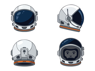 Fototapeta premium Set of four astronaut helmets with different designs and visor styles for space exploration and science fiction themes