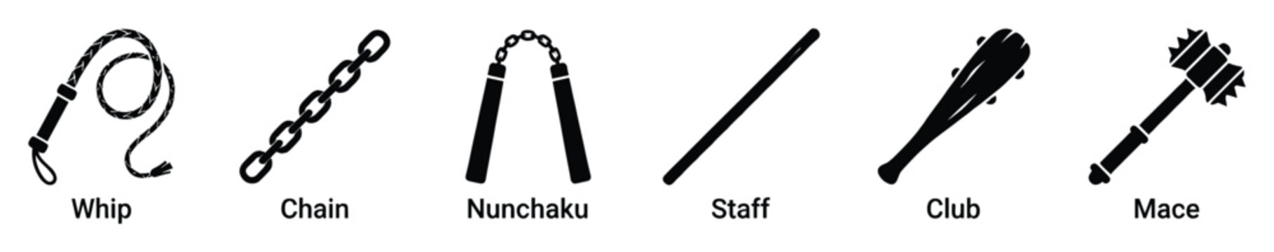 Set of combat training equipment icons including whip, chain, nunchaku, staff, club, and mace for martial arts instruction or gaming applications