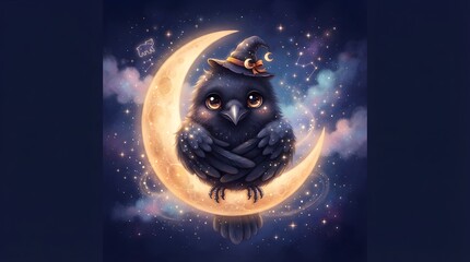 Fototapeta premium Raven sitting on glowing moon