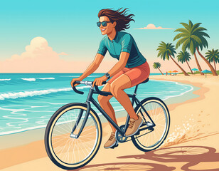 Fototapeta premium summer beach cycling, beach cycling, cycling adventure, active lifestyle, summer adventure, beach bicycle, coastal cycling, seaside trail, oceanfront ride, cycling vacation, outdoor fitness, healthy l