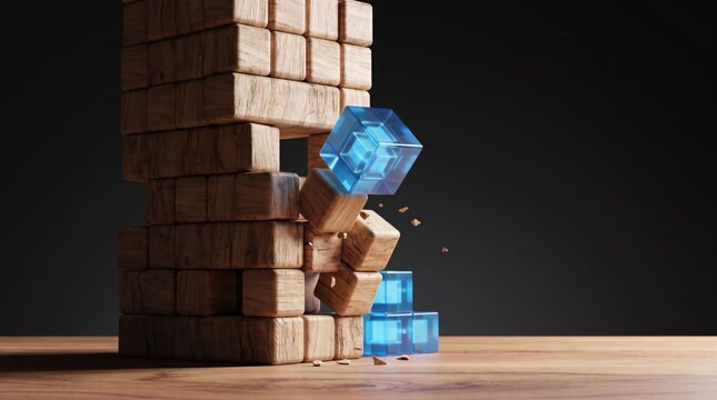 Wooden Jenga tower collapsing with falling blocks, risk management, business instability, financial crisis, strategic failure, unstable foundation, challenge and uncertainty