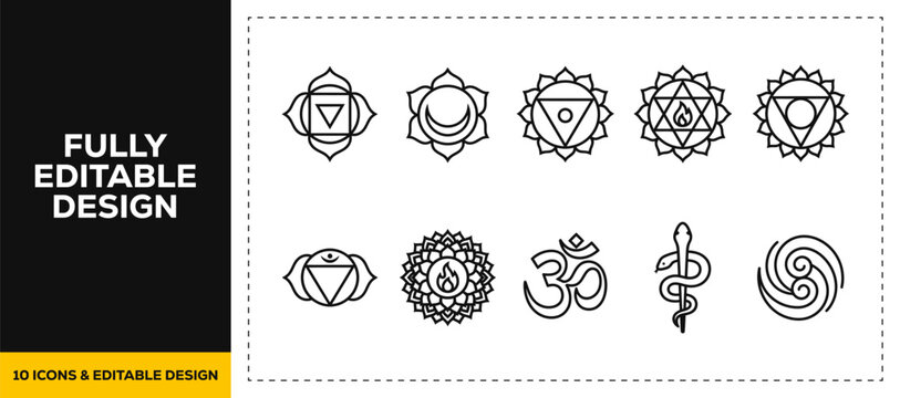 flat vector illustration line art icon bundle set design representing chakras spiritual symbols energy centers and yoga symbols for holistic wellness and meditation apps