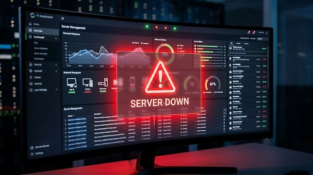 Computer screen shows server down alert with red warning symbol