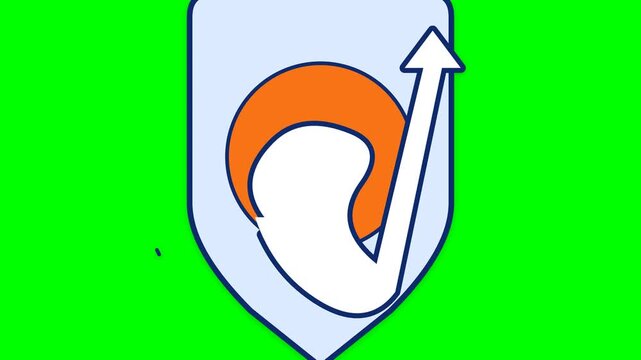 Shield emblem displays a vibrant orange circular shape against a pale blue background with a bold arrow pointing upward to symbolize growth and protection.
