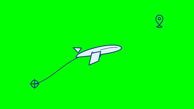 Airplane icon flies across a flat green background connected by a thin trajectory line with a destination map pin.