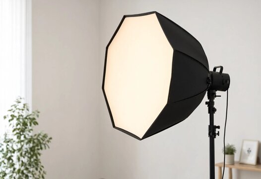 Professional octagonal softbox studio lighting equipment glowing warmly on a black stand against a clean grey background, ideal for photography, videography, portraits, and production.