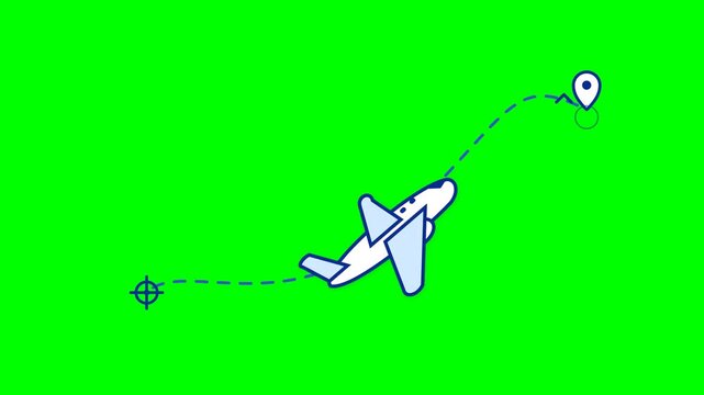 Airplane flight path animation featuring a travel route line connecting two location pin markers on a chroma key green background.