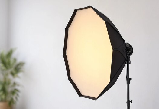 Professional octagonal softbox studio lighting equipment glowing warmly on a black stand against a clean grey background, ideal for photography, videography, portraits, and production.