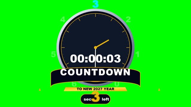 Countdown timer clock displays three seconds remaining until the start of the new year 2027 with a sleek black and gold aesthetic.