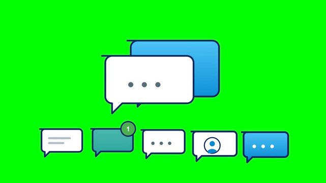 Chat bubbles in various blue and green shades float against a vibrant green background to represent digital messaging.