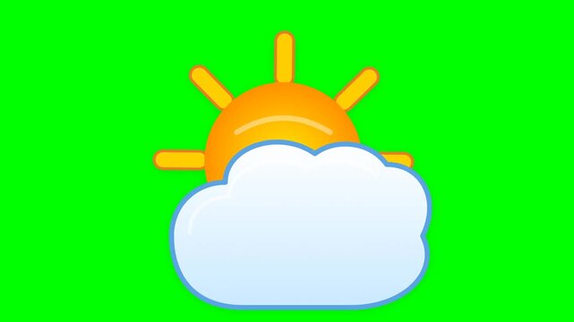Sun partially covered by a white cloud appears as a simple weather icon on a flat green studio background.