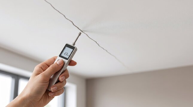 Professional inspector measuring deep structural ceiling crack using precision digital gauge for building maintenance evaluation analysis
