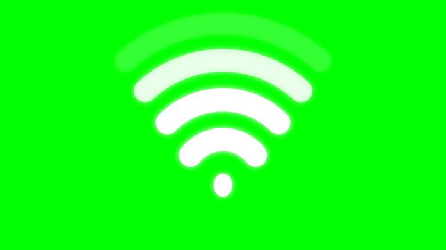 Wifi symbol shows a classic wireless signal broadcast icon in white with a soft glow effect against a solid chroma green screen background.