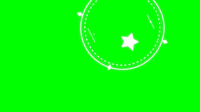 Circle emblem displays a glowing white star and dashed perimeter markings set on a bright green chroma key backdrop.