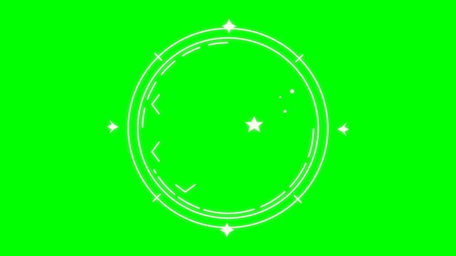 Circle graphic features white thin glowing rings and central star elements against a vibrant green screen background.