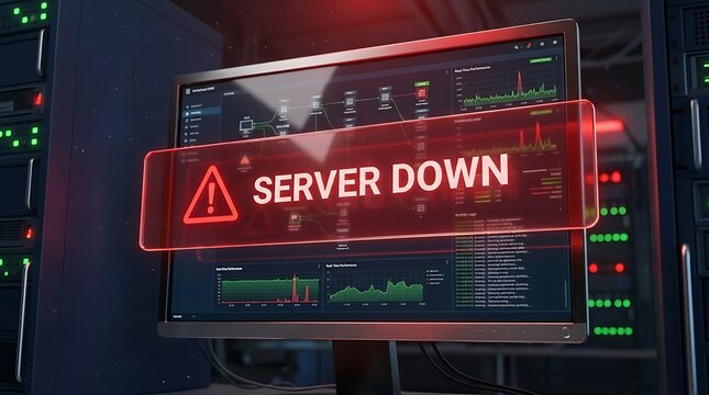 Server down alert on computer screen in data center