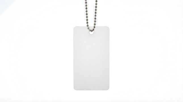 Blank metal identification tag hanging on a ball chain isolated on white