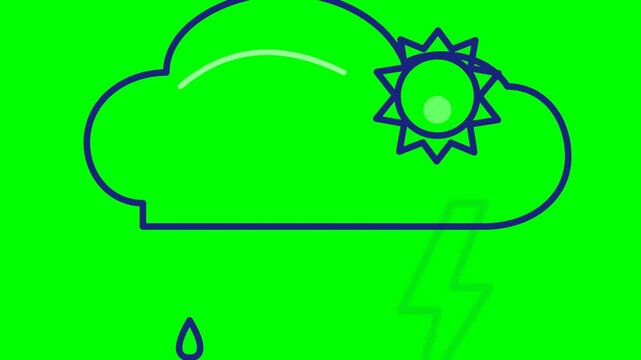 Weather icon depicting a stylized cloud with an sun and a lightning bolt outline appears on a flat green background.