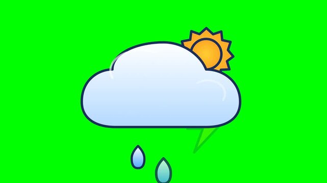 Weather forecast icon featuring a soft white cloud with a warm yellow sun and falling blue rain droplets rests against a vibrant chroma key green screen.