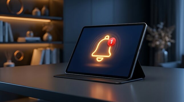 Tablet displaying glowing notification bell icon with red badge