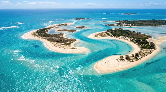 Tropical sandbars in turquoise ocean aerial perspective.