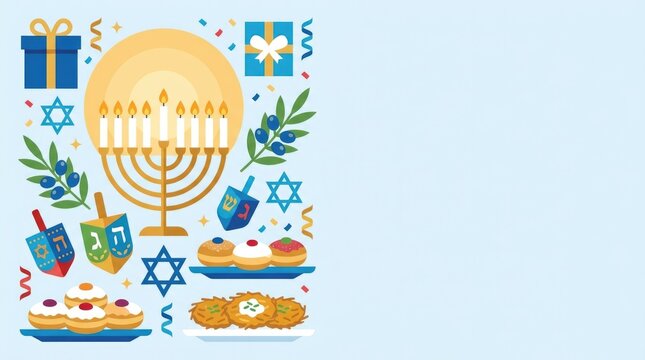Hanukkah celebration banner featuring a glowing menorah, dreidels, candles, Stars of David, olive branches, traditional sweets and festive decorations arranged along one side with generous copy space