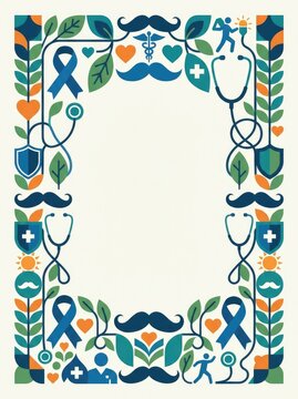 Mustaches, awareness ribbons, hearts, leaves, healthcare symbols, stethoscope, geometric botanical ornaments and wellness icons forming an decorative frame around blank center for a Movember aw