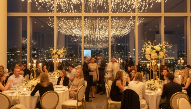 Night gala dinner with guests seated at elegant tables under sparkling ceiling lights and city skyline view suitable for charity or award event