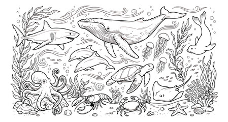 Premium monochrome line art megaset, dolphin family and ocean elements vector, intricate underwater sea life coloring page with coral reef © Ali