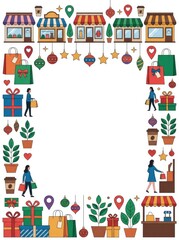 Naklejka premium Storefronts, shopping bags, gift boxes, coffee cups, potted plants, storefront awnings, location pins, hearts and festive retail ornaments forming an elegant decorative frame around a spacious blank