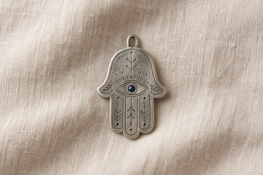 Silver Hamsa Hand Amulet with Blue Evil Eye on Linen Fabric