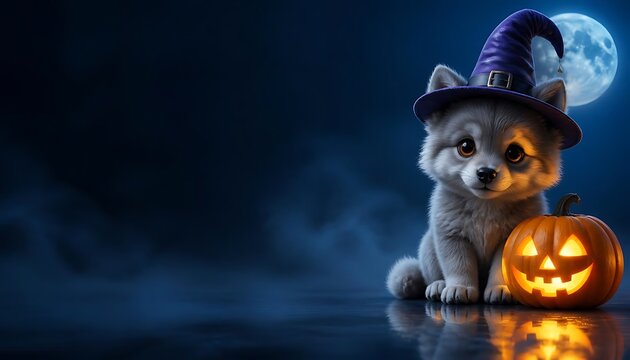 Cute wolf pup wearing purple witch hat with halloween pumpkin under full moon on dark blue background &ndash; 3D render animal costume concept