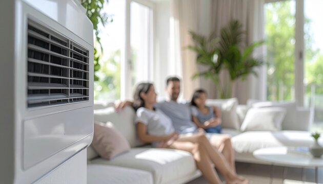 Close up view of modern portable air conditioner unit in bright living room with family relaxing on sofa in blurred background