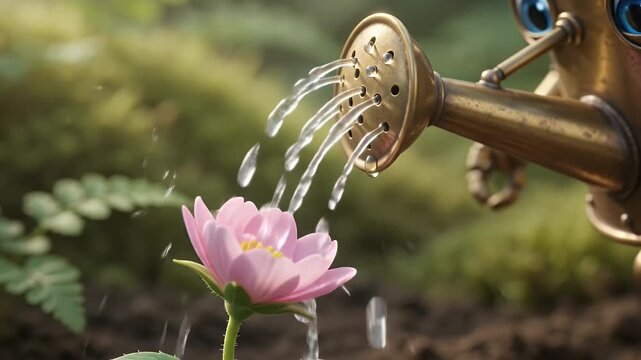 Cute robot watering can nurturing a delicate flower bud in a lush, green forest garden, symbolizing growth and care